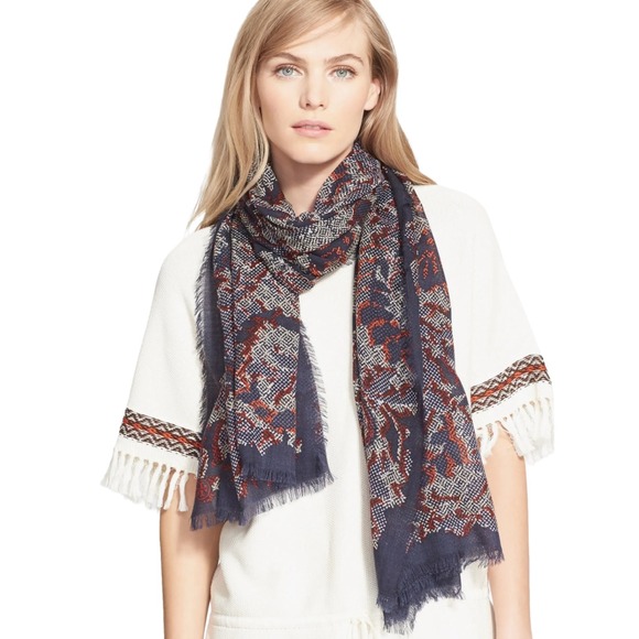 Tory Burch Dahlia Lightweight Wool Wrap Scarf Blue Orange Retail: $195 Bohemian - Picture 1 of 5